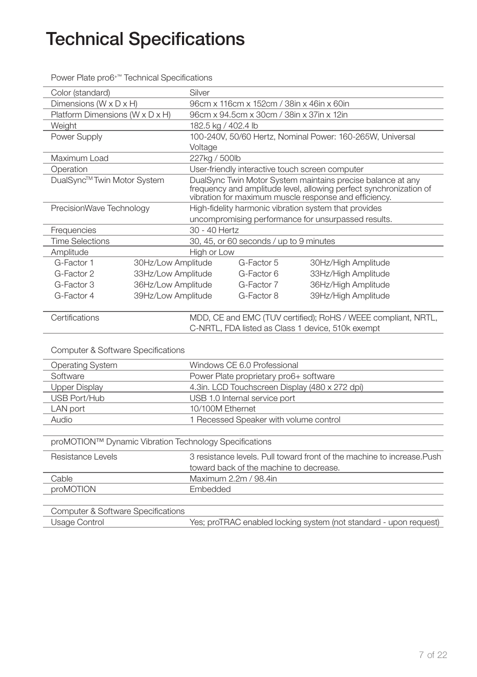 Technical specifications | Power Plate pro6 plus User Manual | Page 9 / 22