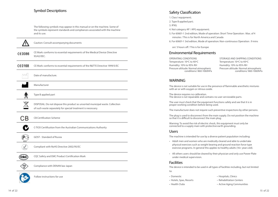 Symbol descriptions, Safety classification, Environmental requirements | Warning, Users, Facilities | Power Plate pro7 User Manual | Page 9 / 12
