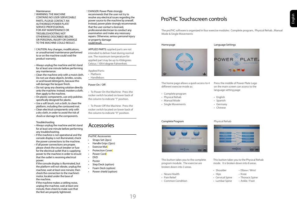 Accessories, Pro7hc touchscreen controls | Power Plate pro7HC User Manual | Page 10 / 11