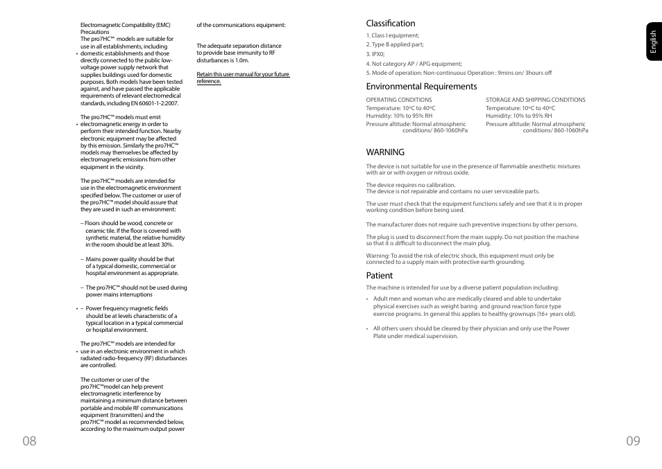 Classification, Environmental requirements, Warning | Patient | Power Plate pro7HC User Manual | Page 5 / 11