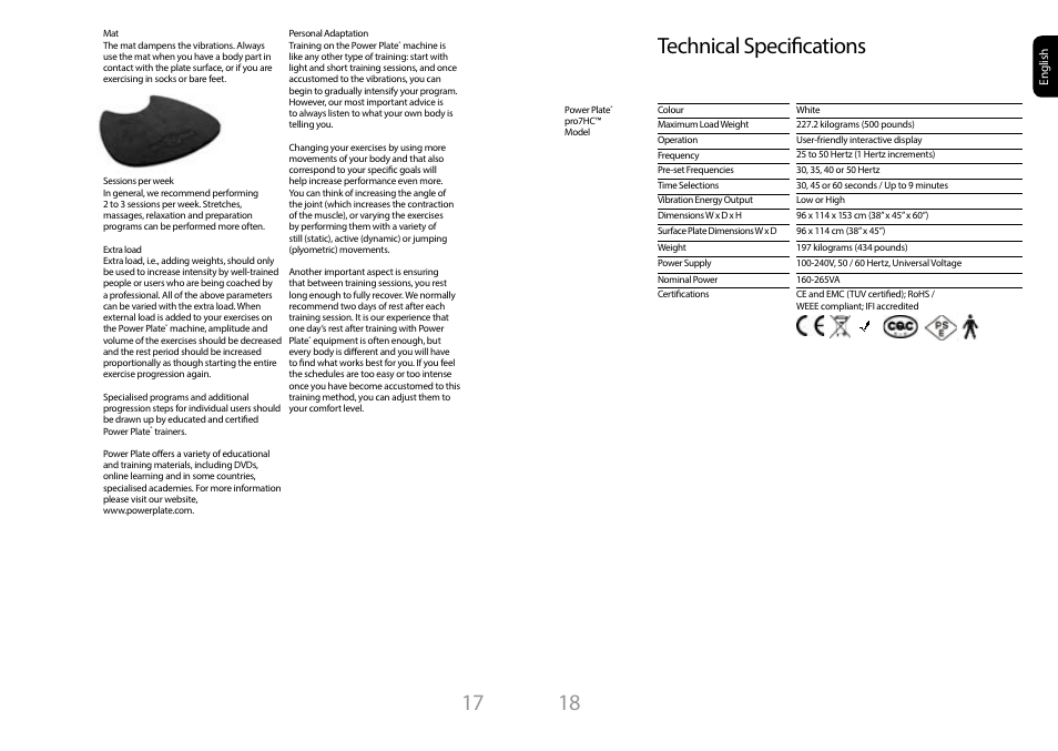 17 technical specifications | Power Plate pro7HC User Manual | Page 9 / 11