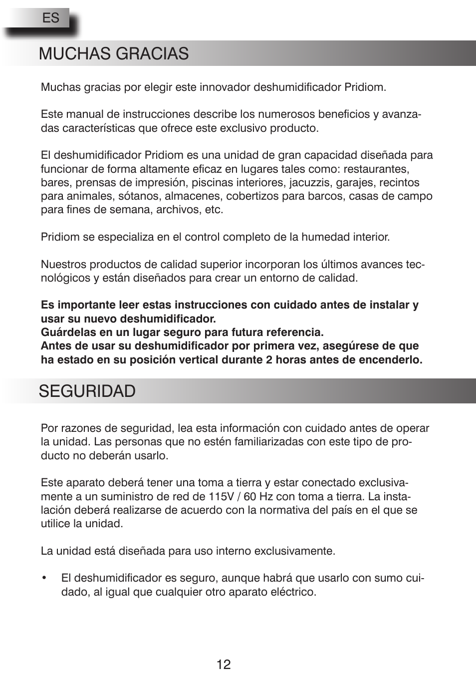 Muchas gracias, Seguridad | Pridiom PGD1080HCW User Manual | Page 12 / 20