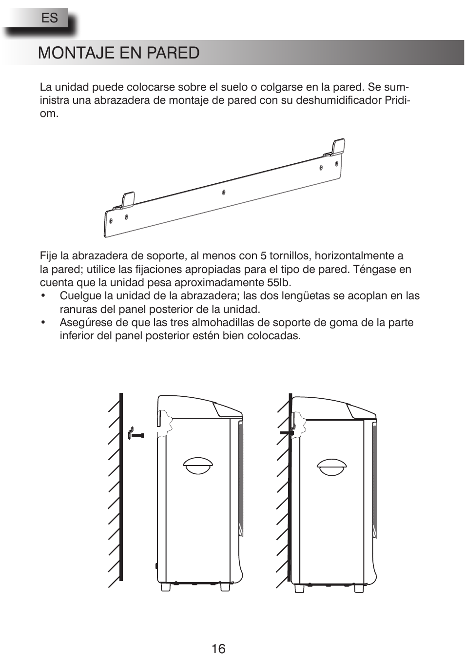Montaje en pared, Limpieza | Pridiom PGD1080HCW User Manual | Page 16 / 20