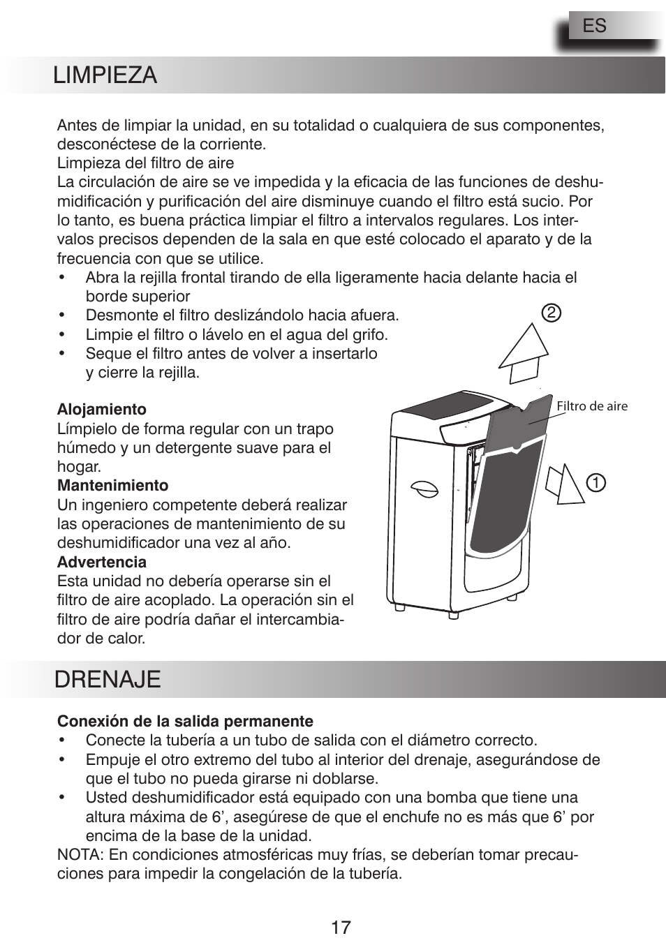 Limpieza, Drenaje, 17 us es | Pridiom PGD1080HCW User Manual | Page 17 / 20