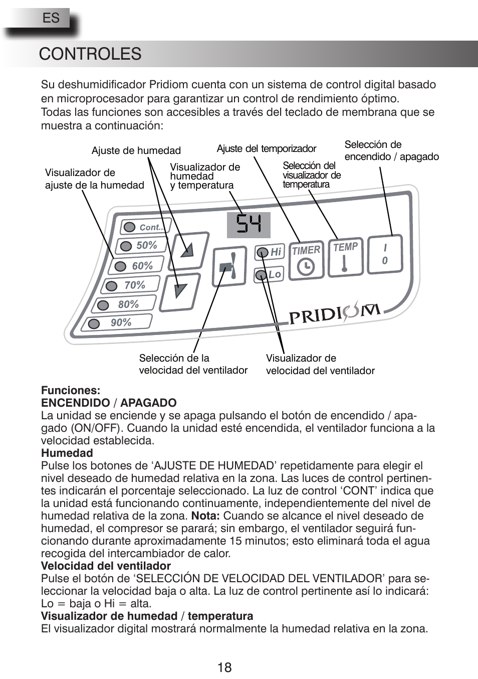 Controles, 18 us | Pridiom PGD1080HCW User Manual | Page 18 / 20