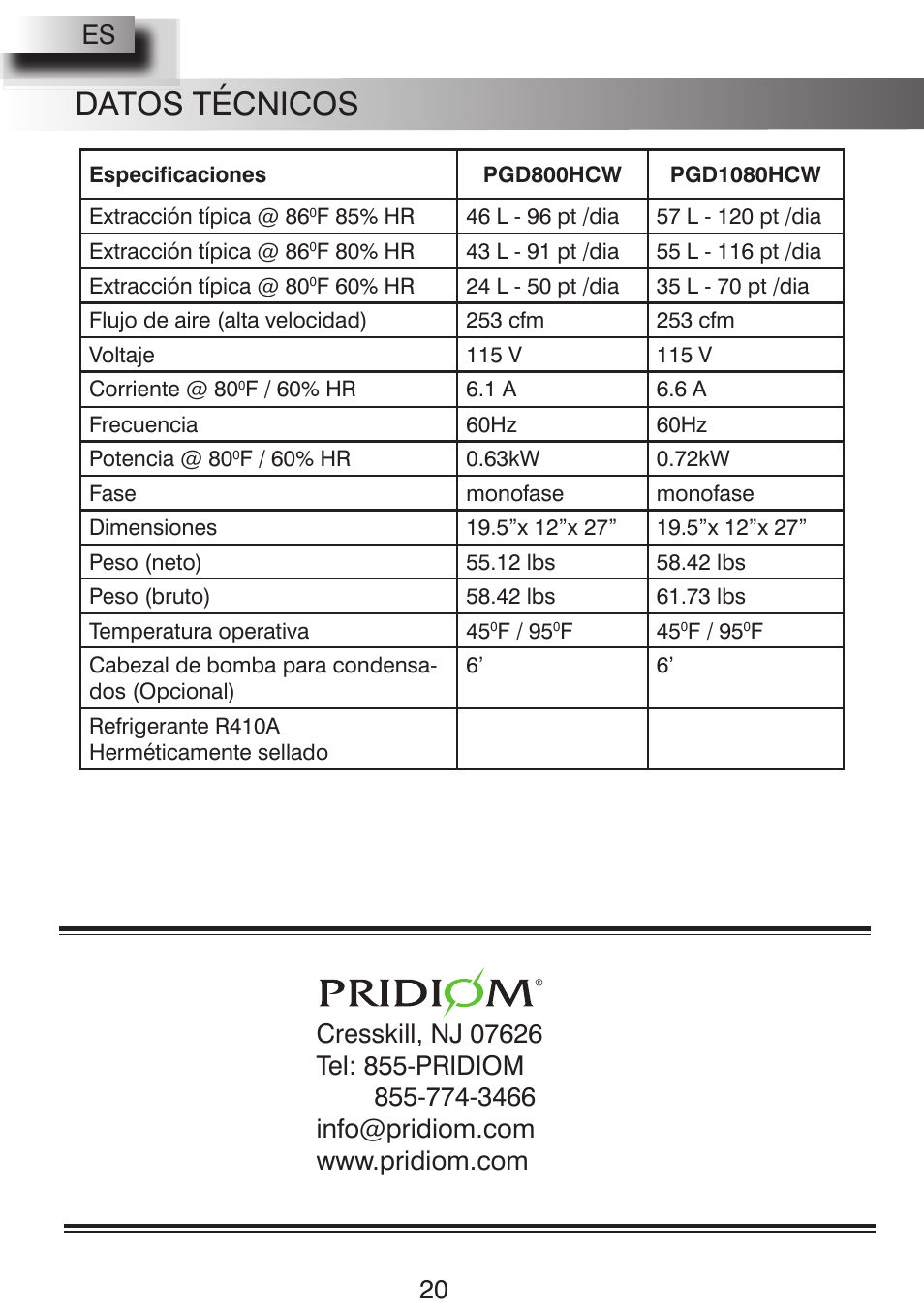 Datos técnicos, 20 us | Pridiom PGD1080HCW User Manual | Page 20 / 20
