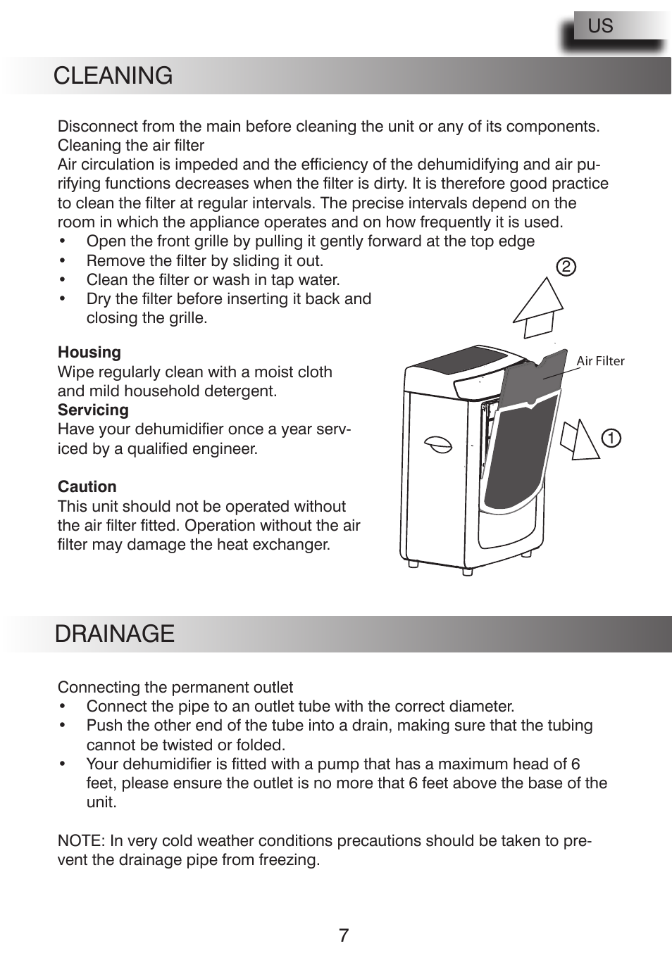 Cleaning, Drainage, 7us us | Pridiom PGD1080HCW User Manual | Page 7 / 20