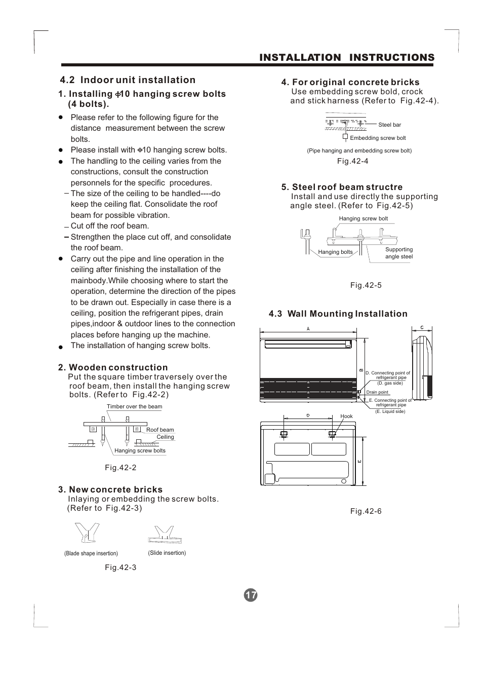Т³гж 18, 17 installation instructions, 2 indoor unit installation | New concrete bricks, For original concrete bricks, Steel roof beam structre | Pridiom Condenser Installation Manual User Manual | Page 18 / 33