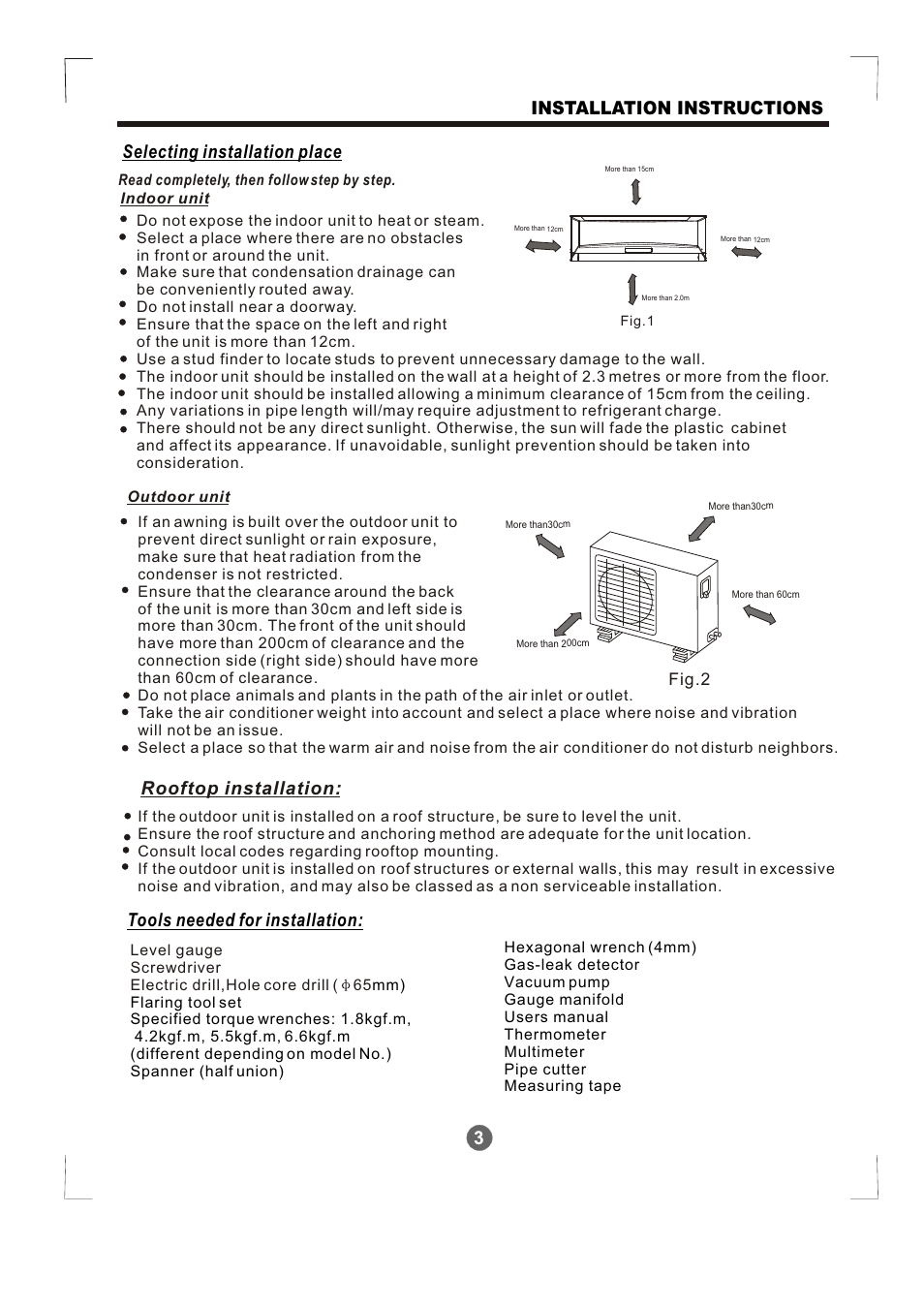 Т³гж 4, 3selecting installation place, Rooftop installation: installation instructions | Tools needed for installation | Pridiom High Wall Installation Manual User Manual | Page 4 / 15