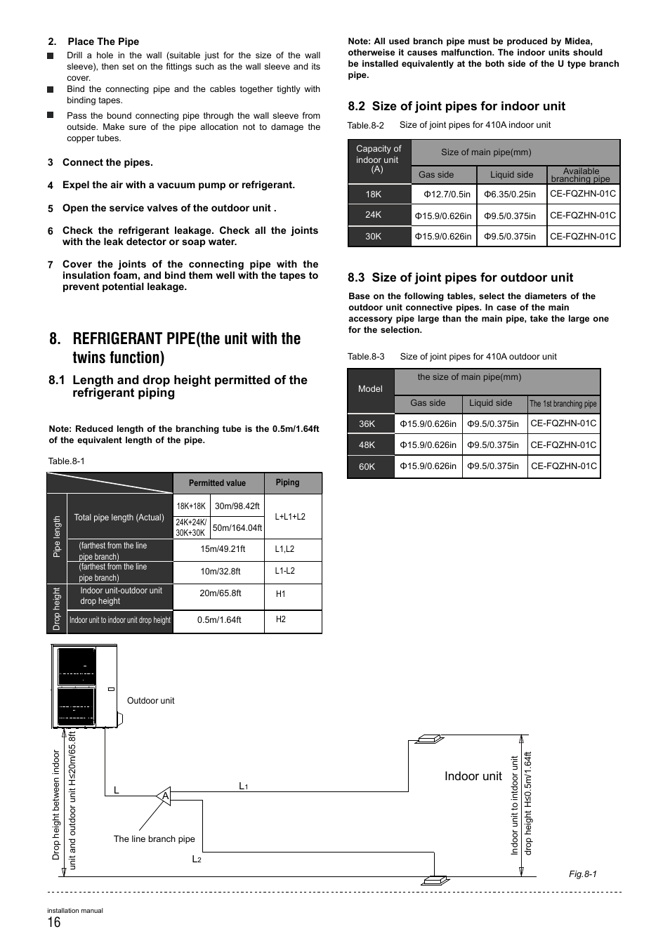 Refrigerant pipe(the unit with the twins function), Indoor unit, 3 size of joint pipes for outdoor unit | 2 size of joint pipes for indoor unit | Pridiom Concealed Duct Installation Manual User Manual | Page 18 / 28