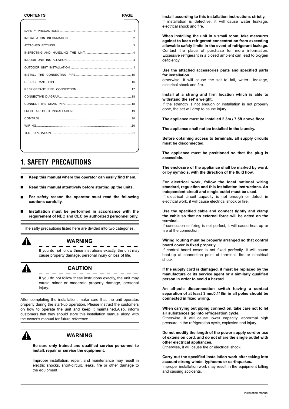 Safety precautions, Warning, Warning caution | Pridiom Concealed Duct Installation Manual User Manual | Page 3 / 28