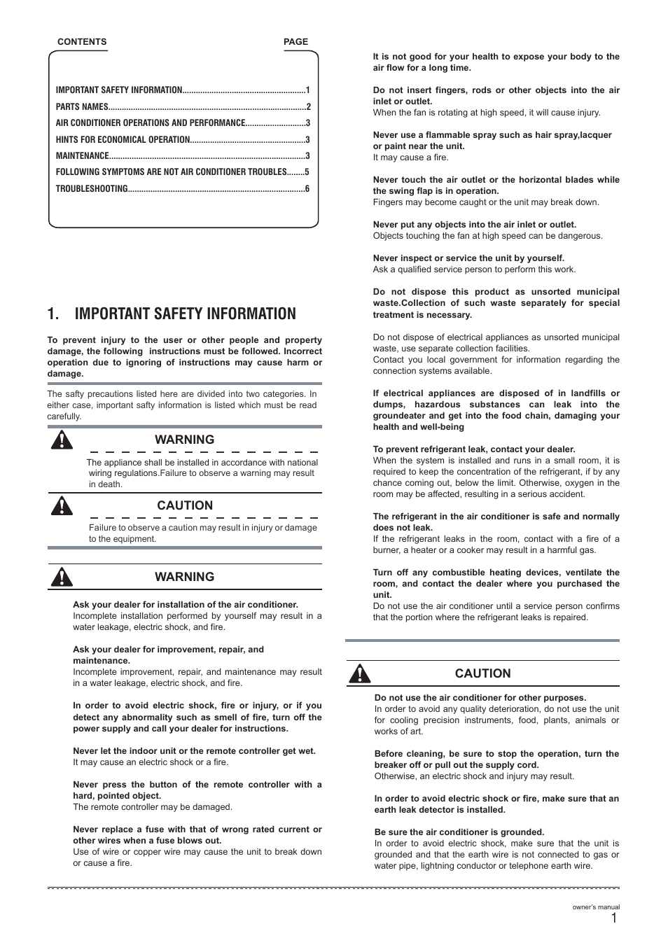 Important safety information, Caution, Caution warning warning | Pridiom Concealed Duct User Manual User Manual | Page 3 / 12