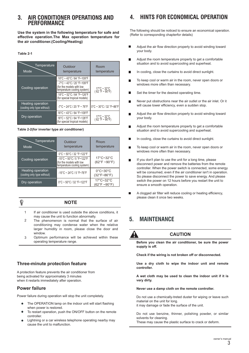 Air conditioner operations and performance, Hints for economical operation, Maintenance | Caution, Three-minute protection feature, Power failure | Pridiom Concealed Duct User Manual User Manual | Page 5 / 12