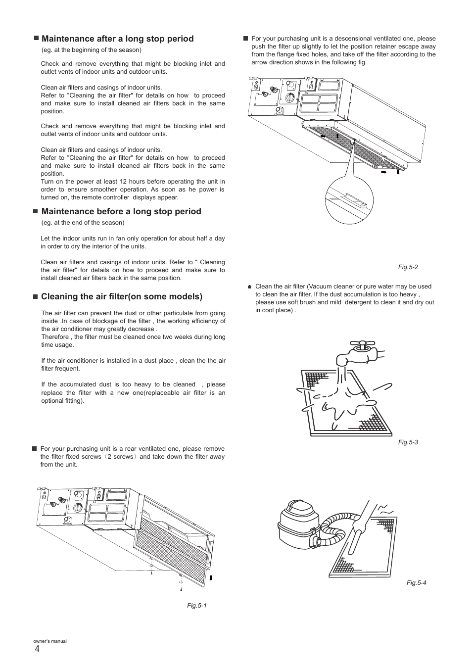 Maintenance after a long stop period, Maintenance before a long stop period, Cleaning the air filter(on some models) | Pridiom Concealed Duct User Manual User Manual | Page 6 / 12