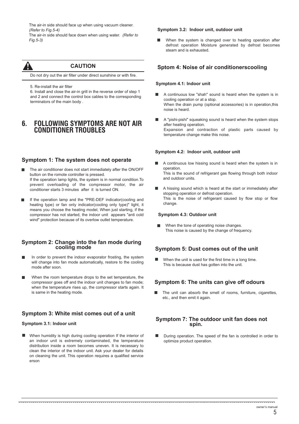 Caution, Symptom 3: white mist comes out of a unit, Symptom 7: the outdoor unit fan does not spin | Sptom 4: noise of air conditionerscooling | Pridiom Concealed Duct User Manual User Manual | Page 7 / 12