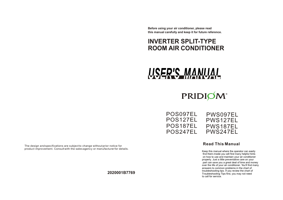 Pridiom Elite Series PWS247EL User Manual User Manual | 8 pages