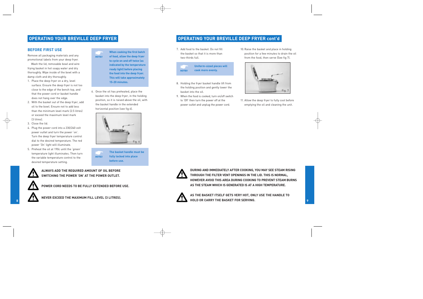 Operating your breville deep fryer, Operating your breville deep fryer cont’d | Breville DFY25 User Manual | Page 5 / 14