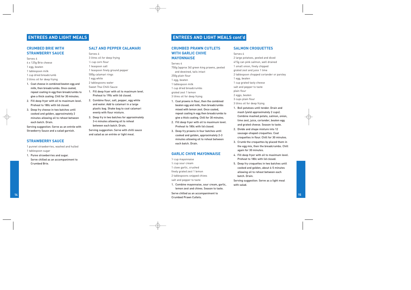 Entrees and light meals, Entrees and light meals cont’d | Breville DFY25 User Manual | Page 8 / 14
