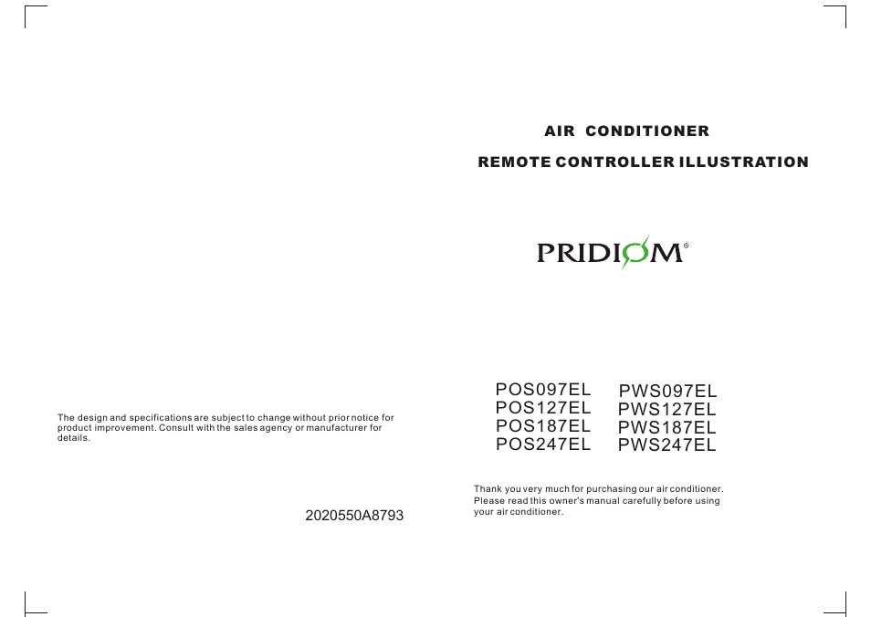 Pridiom Elite Series PWS247EL Remote Control Manual User Manual | 8 pages