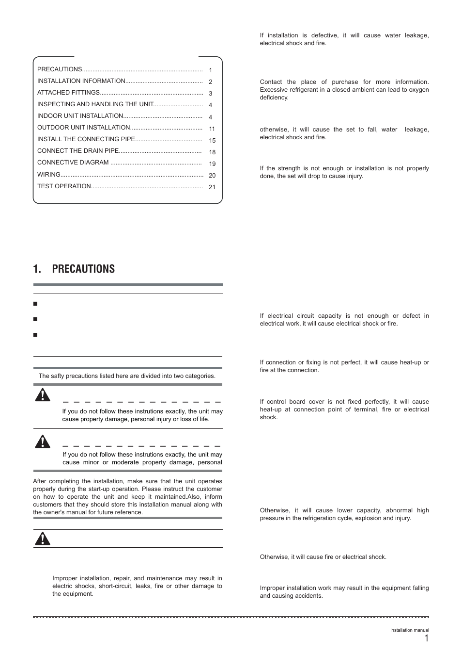 Precautions, Caution warning warning | Pridiom Cassettes PCM183HX Installation Manual User Manual | Page 2 / 41