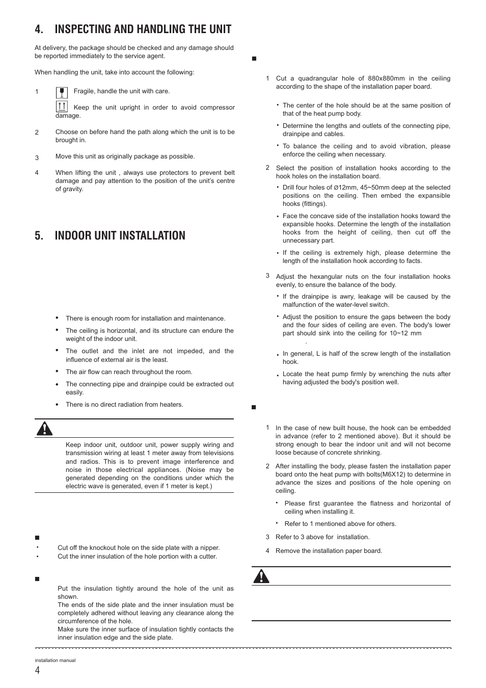 Inspecting and handling the unit, Indoor unit installation, 1 installation place | Caution | Pridiom Cassettes PCM183HX Installation Manual User Manual | Page 5 / 41