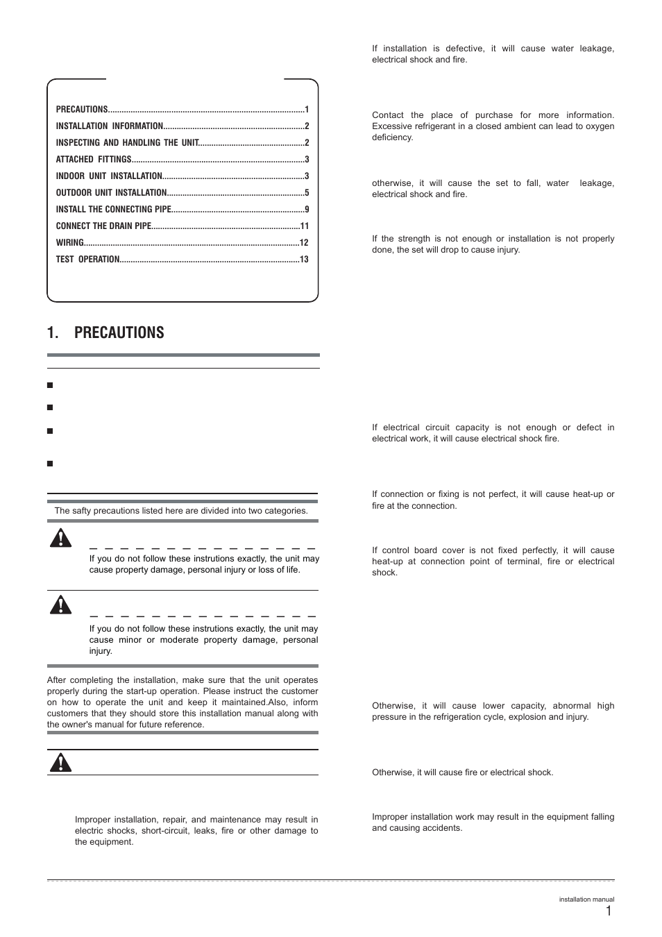 Precautions, Caution warning warning | Pridiom Floor and Ceiling PFCM183HX Installation Manual User Manual | Page 2 / 25