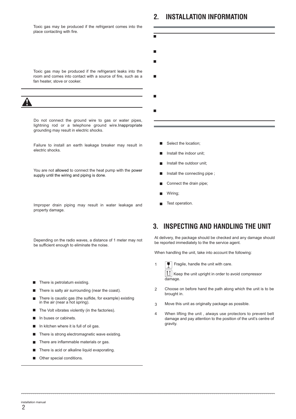 Installation information, Inspecting and handling the unit, Installation order | Caution | Pridiom Floor and Ceiling PFCM183HX Installation Manual User Manual | Page 3 / 25