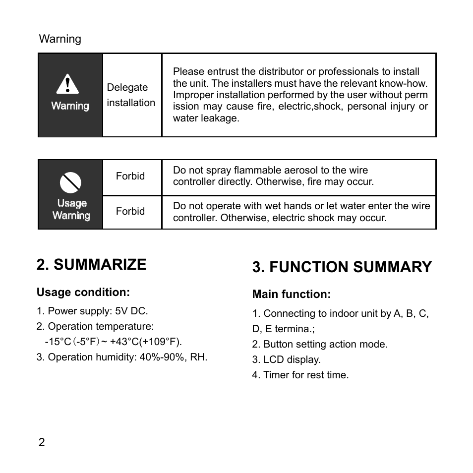 Summarize 3. function summary | Pridiom WIRE CONTROLLER OF AIR CONDITIONER KJR-12B/DP(T)-F User Manual User Manual | Page 6 / 14