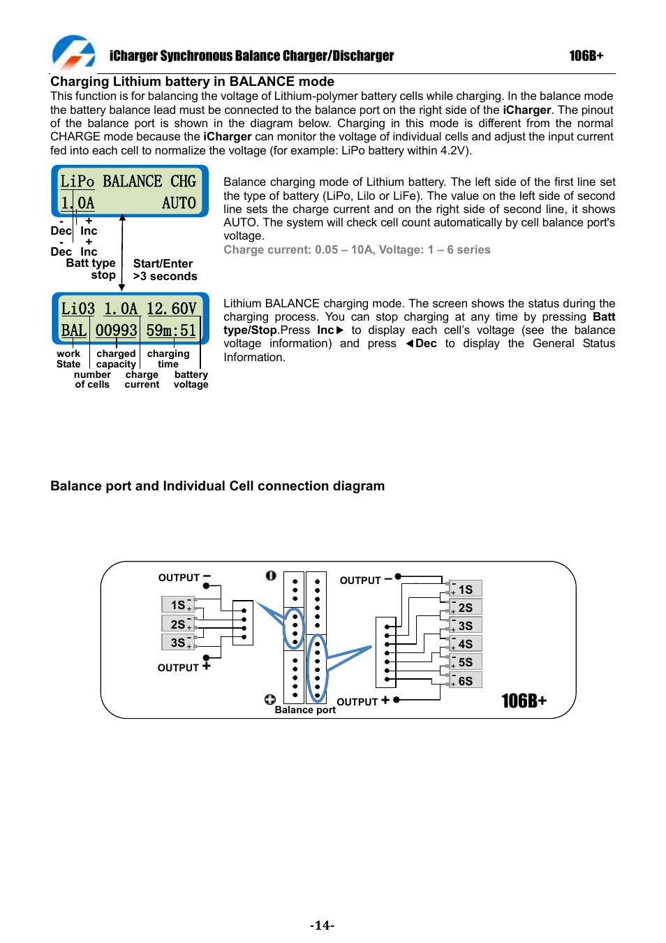 106b, Lipo balance chg 1.0a auto | ProgressiveRC 106B+ iCharger User Manual | Page 14 / 31