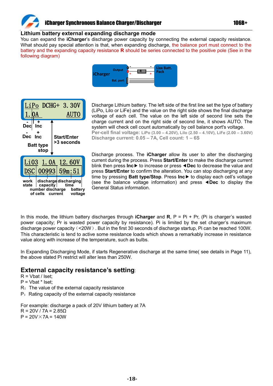 External capacity resistance‟s setting | ProgressiveRC 106B+ iCharger User Manual | Page 18 / 31