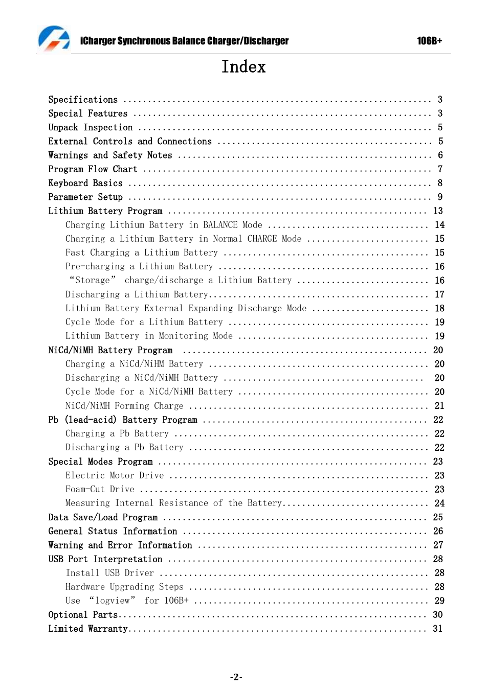 Index | ProgressiveRC 106B+ iCharger User Manual | Page 2 / 31