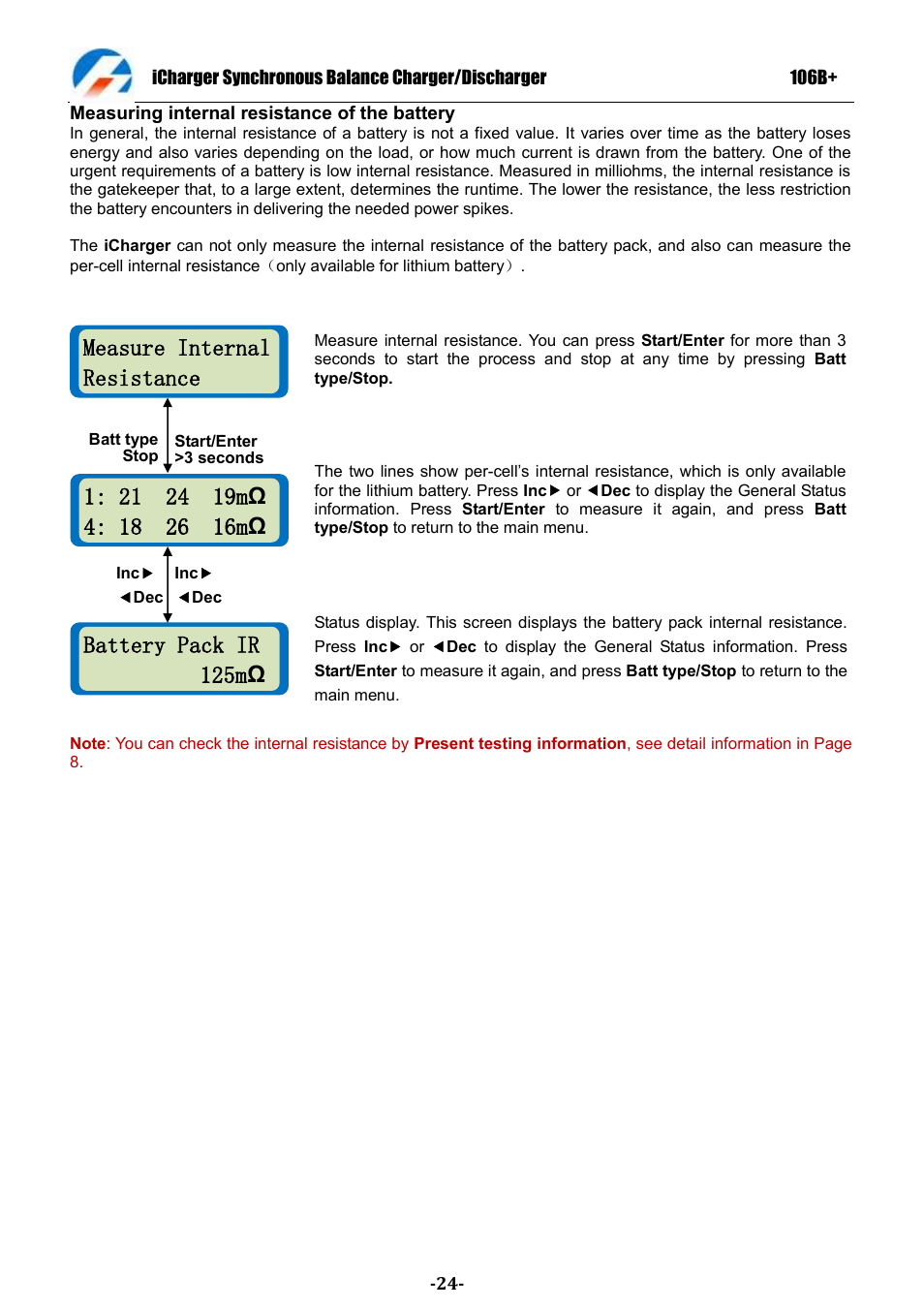Measure internal resistance, Battery pack ir 125m ω | ProgressiveRC 106B+ iCharger User Manual | Page 24 / 31