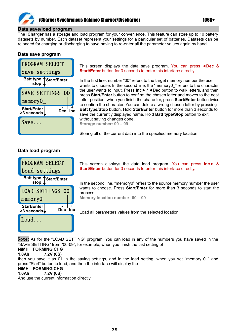 Program select save settings, Program select load settings, Save | Load | ProgressiveRC 106B+ iCharger User Manual | Page 25 / 31