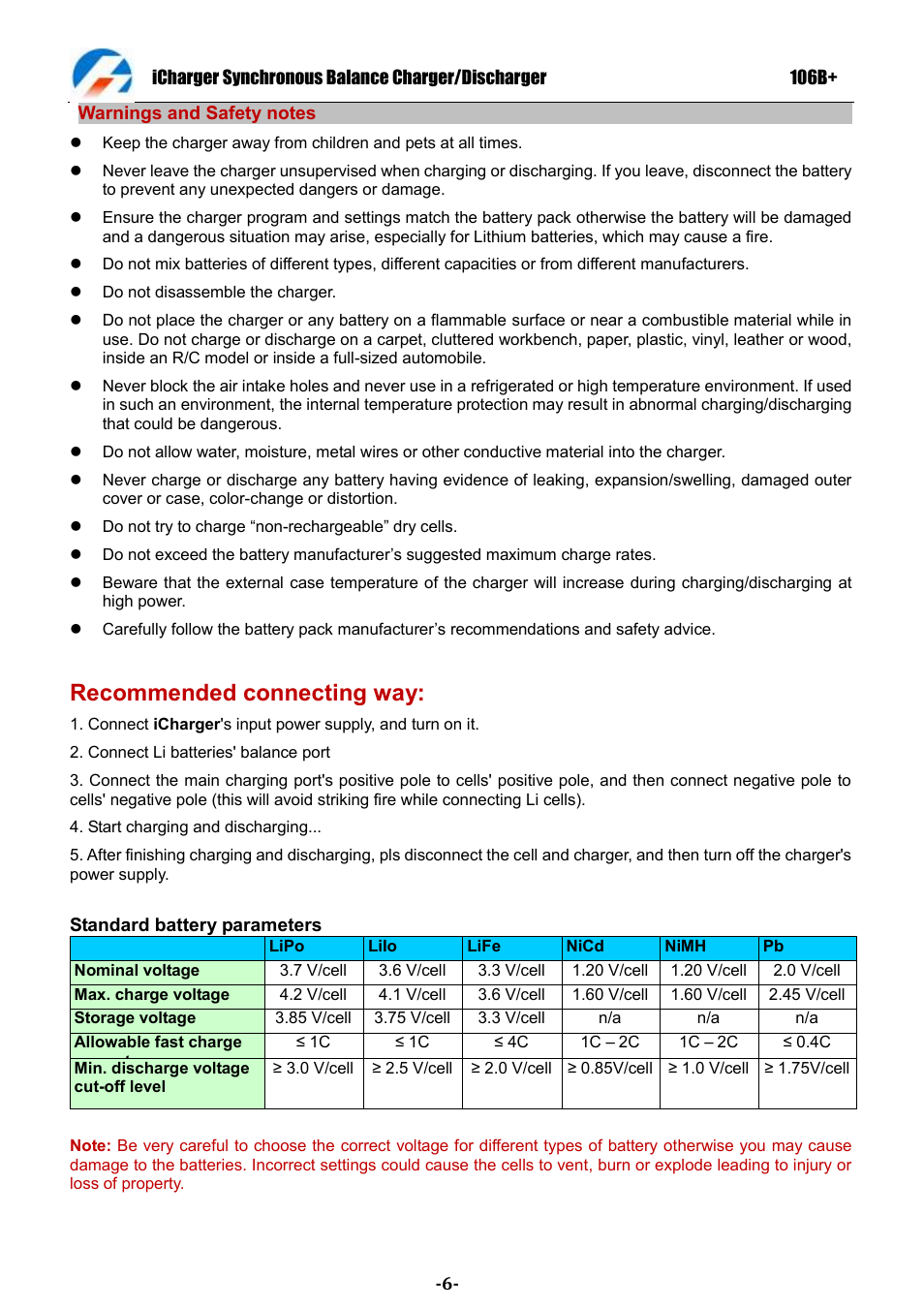 Recommended connecting way | ProgressiveRC 106B+ iCharger User Manual | Page 6 / 31