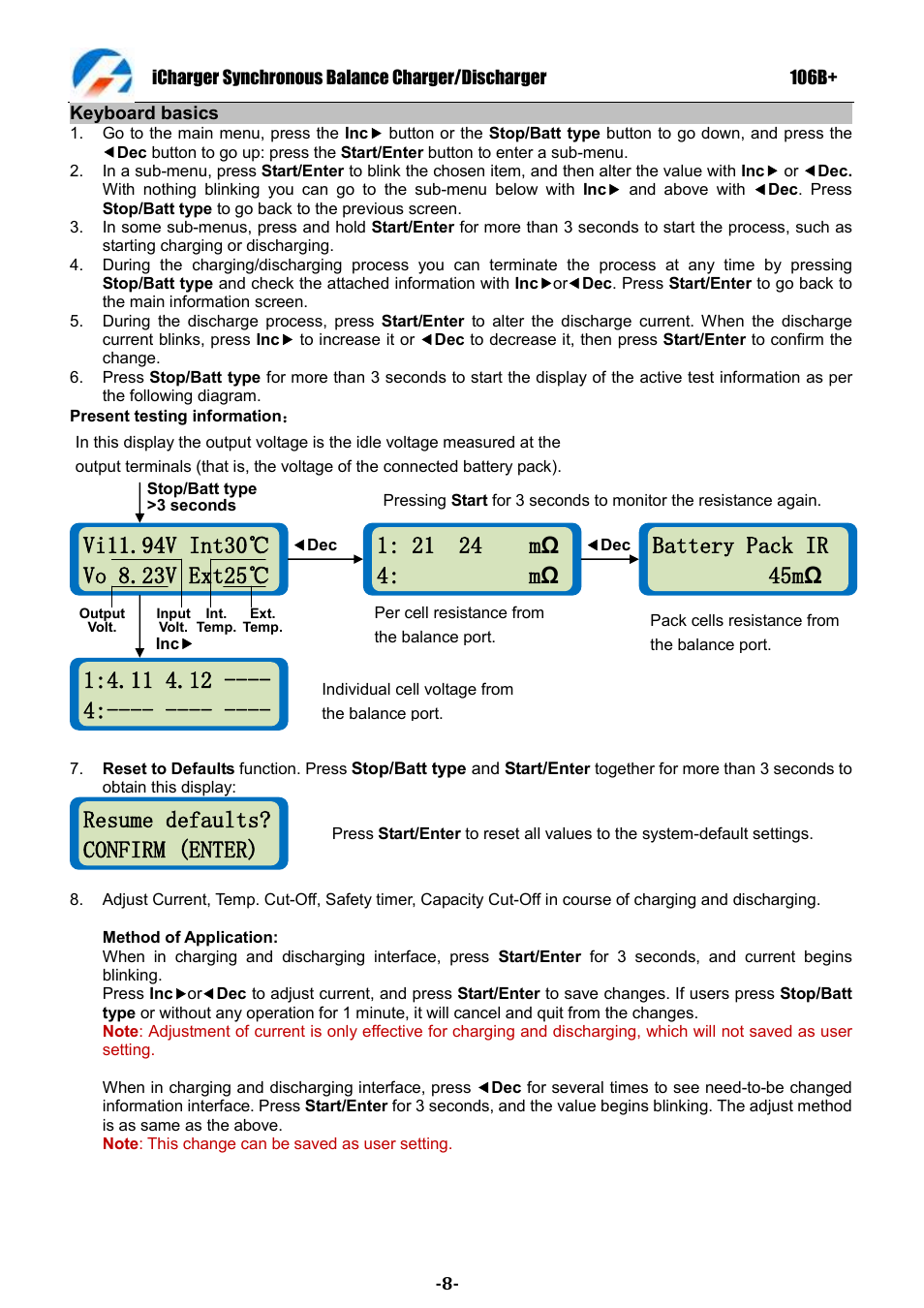 Resume defaults? confirm (enter), Battery pack ir 45m ω | ProgressiveRC 106B+ iCharger User Manual | Page 8 / 31