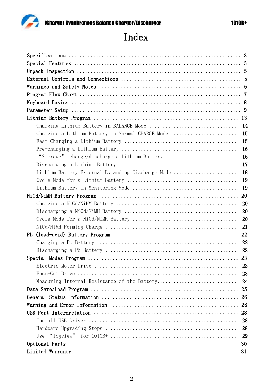 Index | ProgressiveRC 1010B+ iCharger User Manual | Page 2 / 31