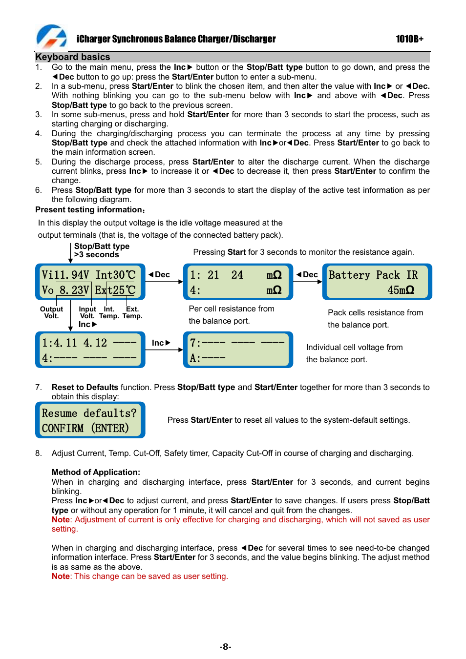 Resume defaults? confirm (enter), ---- ---- a, Battery pack ir 45m ω | ProgressiveRC 1010B+ iCharger User Manual | Page 8 / 31