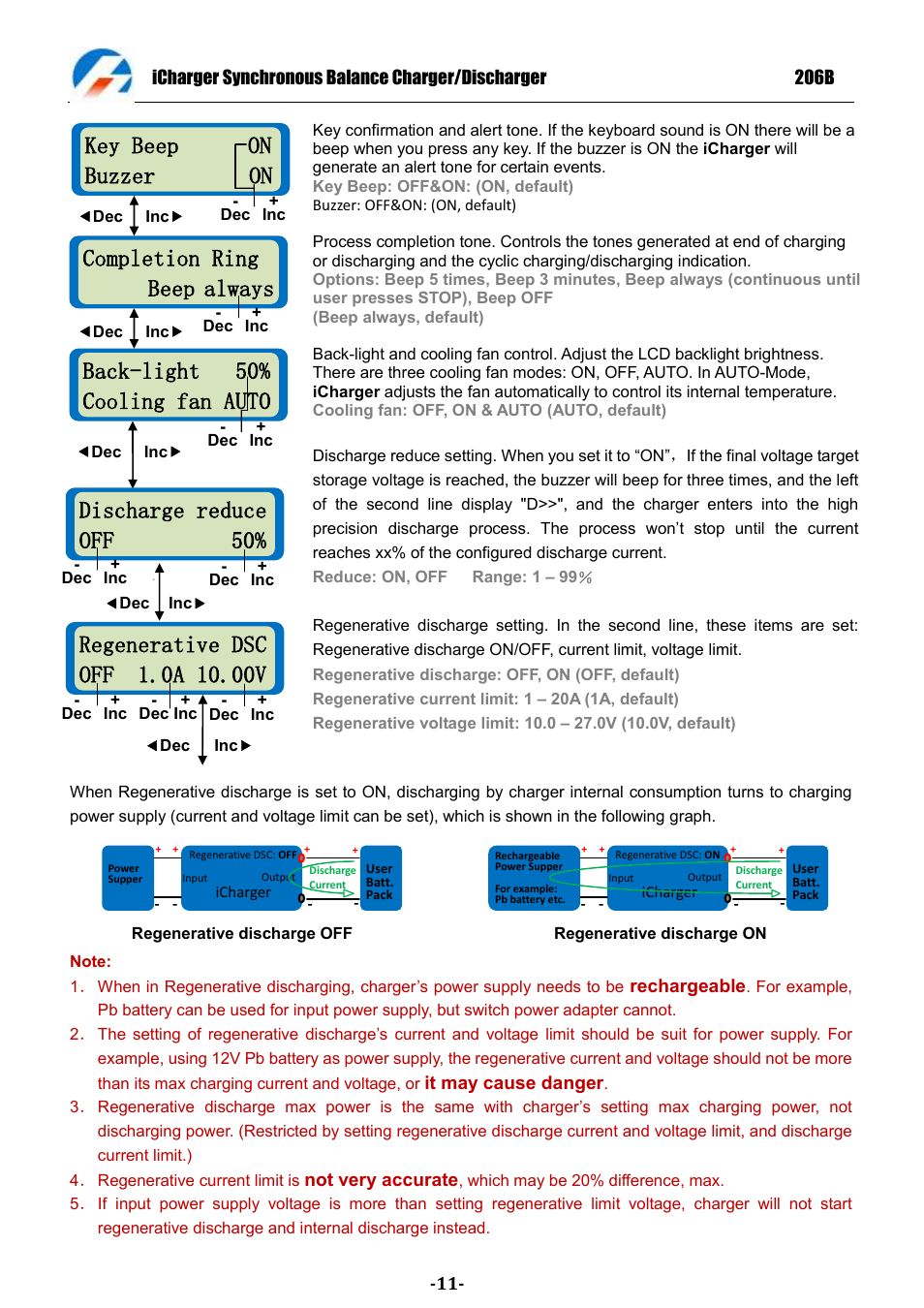 Key beep on buzzer on, Back-light 50% cooling fan auto, Completion ring beep always | Discharge reduce off 50% delay 0min | ProgressiveRC 206B iCharger User Manual | Page 11 / 33