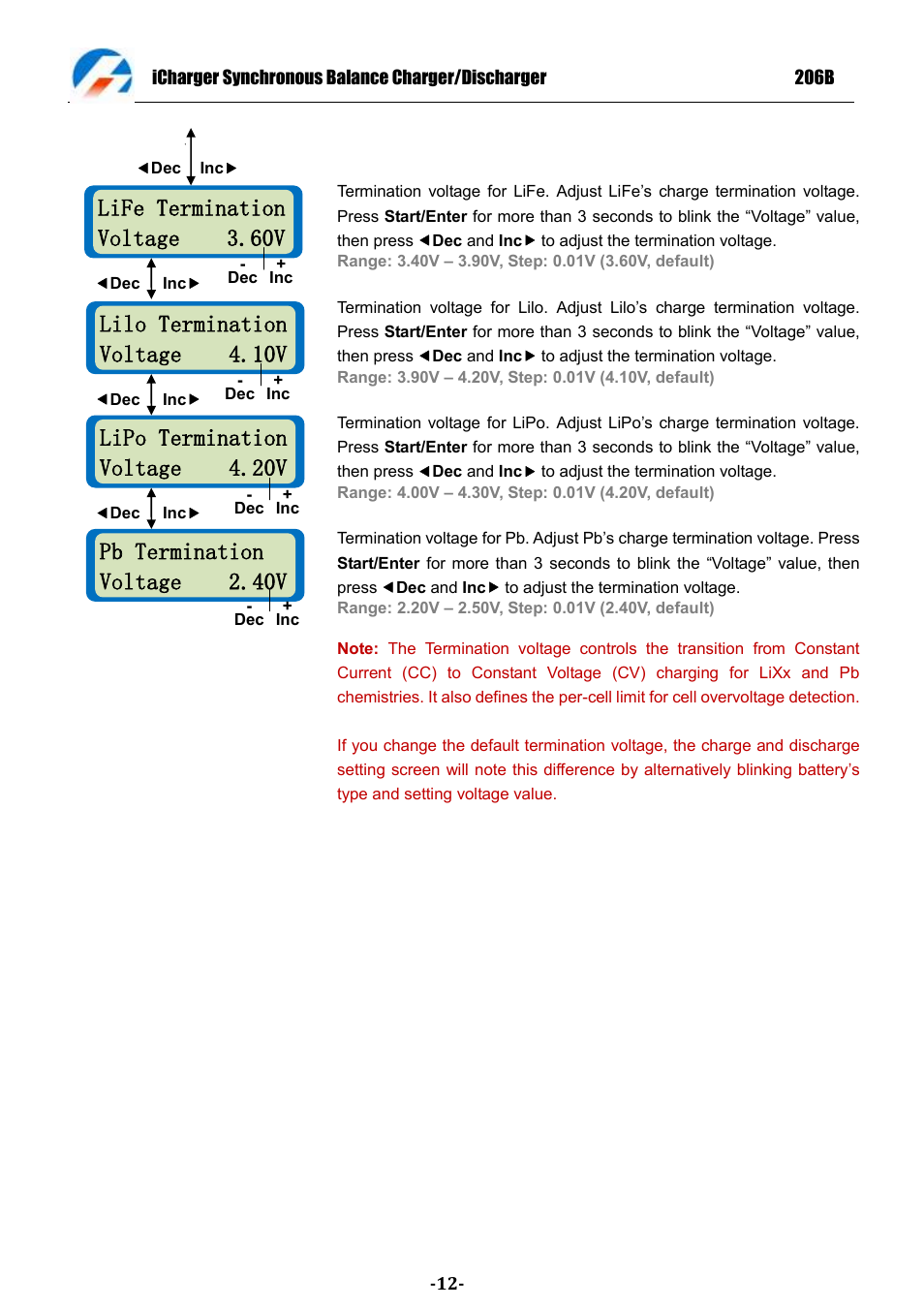 Lipo termination voltage 4.20v, Life termination voltage 3.60v delay 0min, Lilo termination voltage 4.10v | Pb termination voltage 2.40v | ProgressiveRC 206B iCharger User Manual | Page 12 / 33