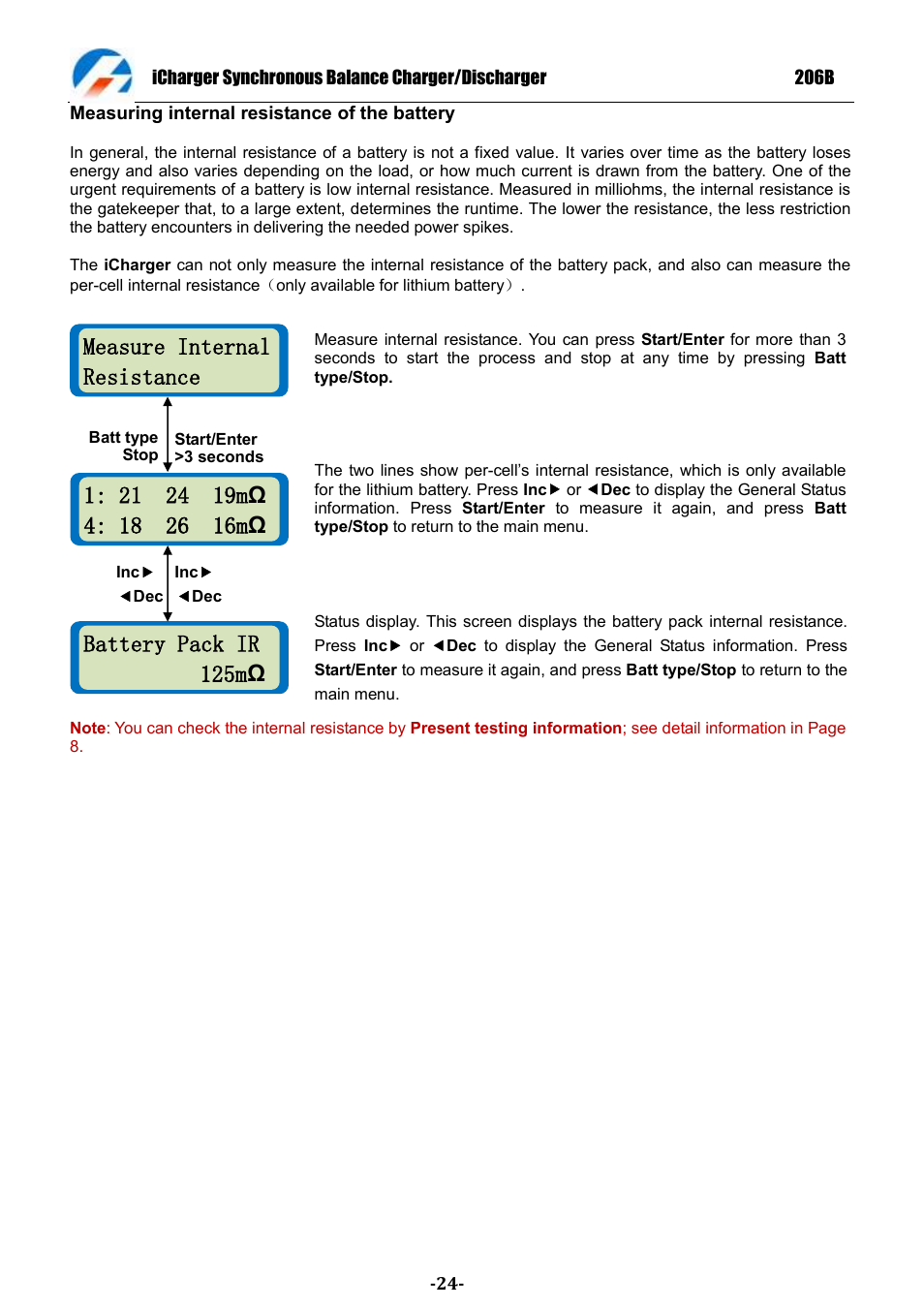 Measure internal resistance, Battery pack ir 125m ω | ProgressiveRC 206B iCharger User Manual | Page 24 / 33