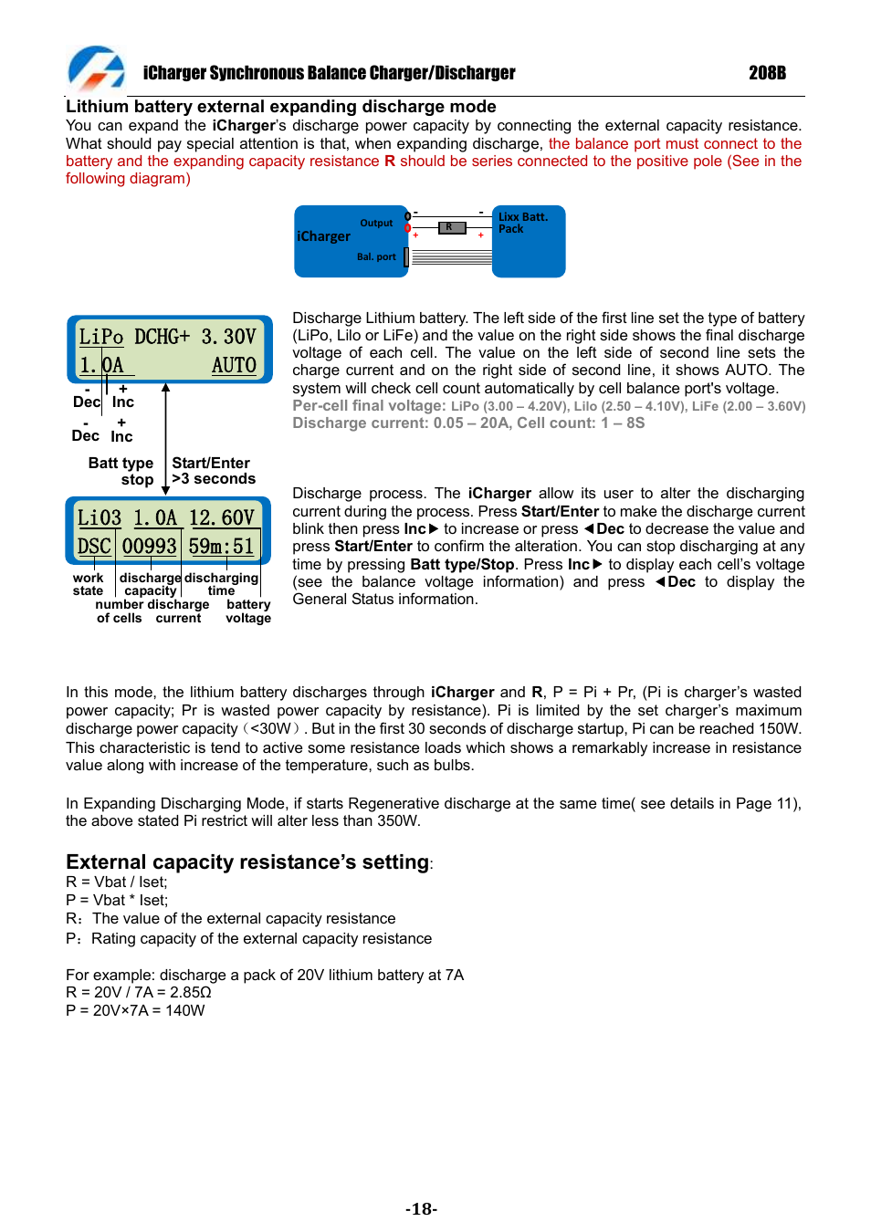 External capacity resistance‟s setting | ProgressiveRC 208B iCharger User Manual | Page 18 / 33