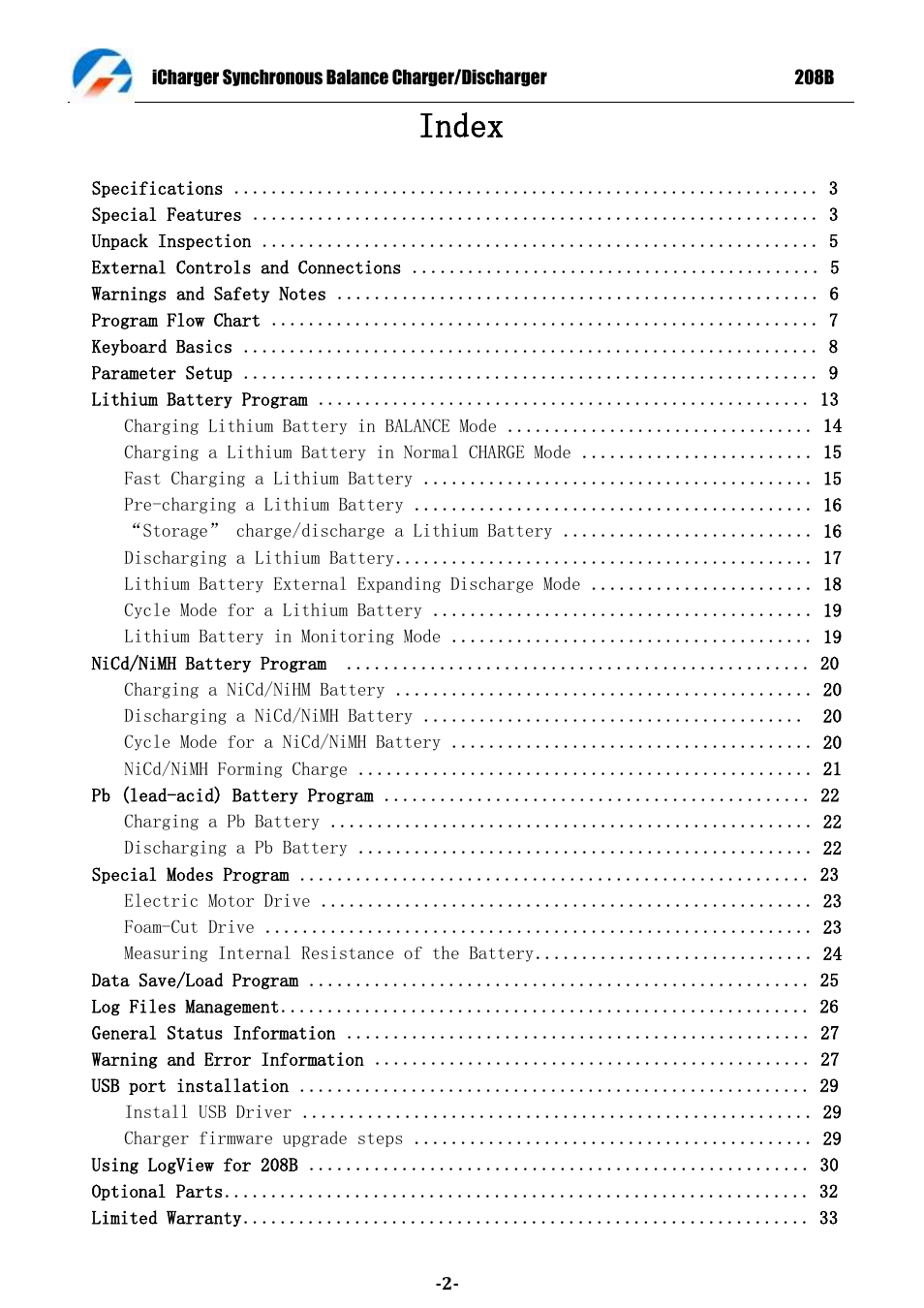 Index | ProgressiveRC 208B iCharger User Manual | Page 2 / 33