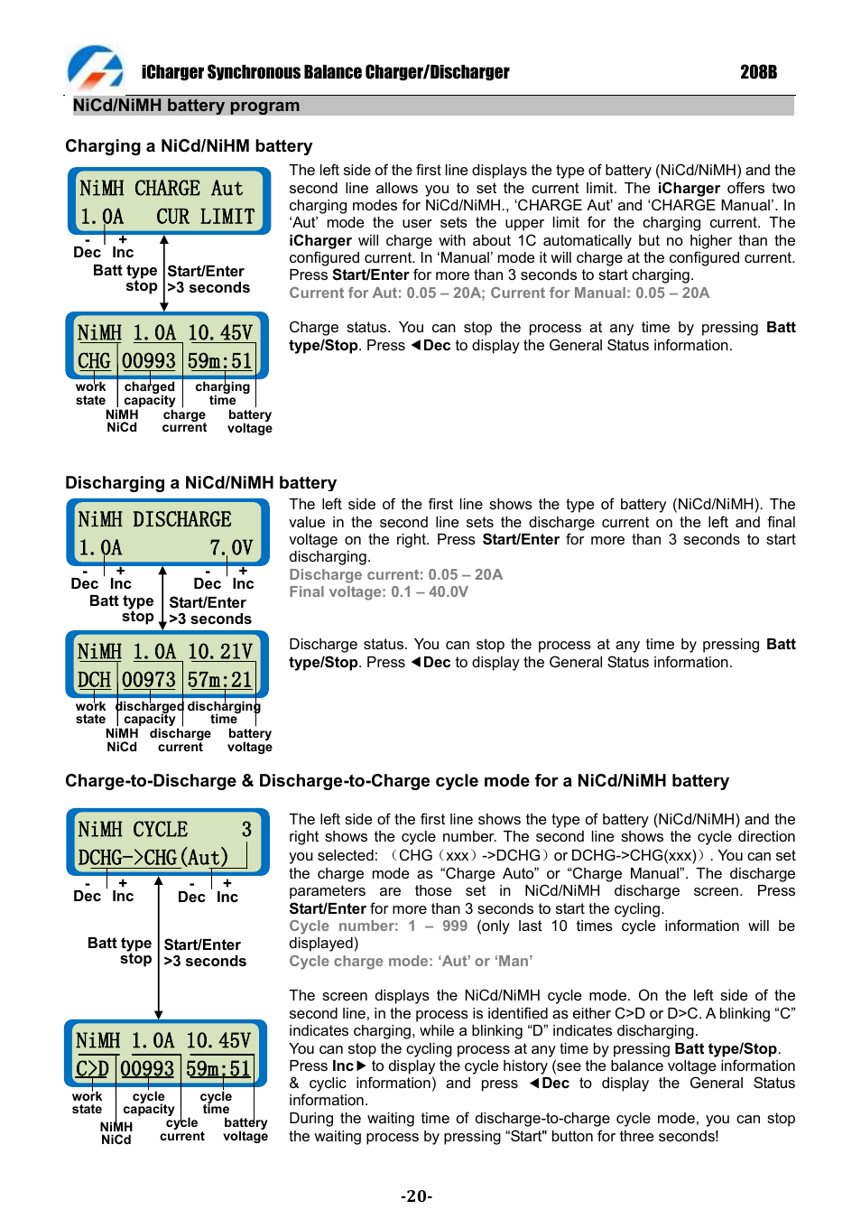 Nimh discharge 1.0a 7.0v, Nimh charge aut 1.0a cur limit, Nimh cycle 3 dchg->chg(aut) 4 | ProgressiveRC 208B iCharger User Manual | Page 20 / 33
