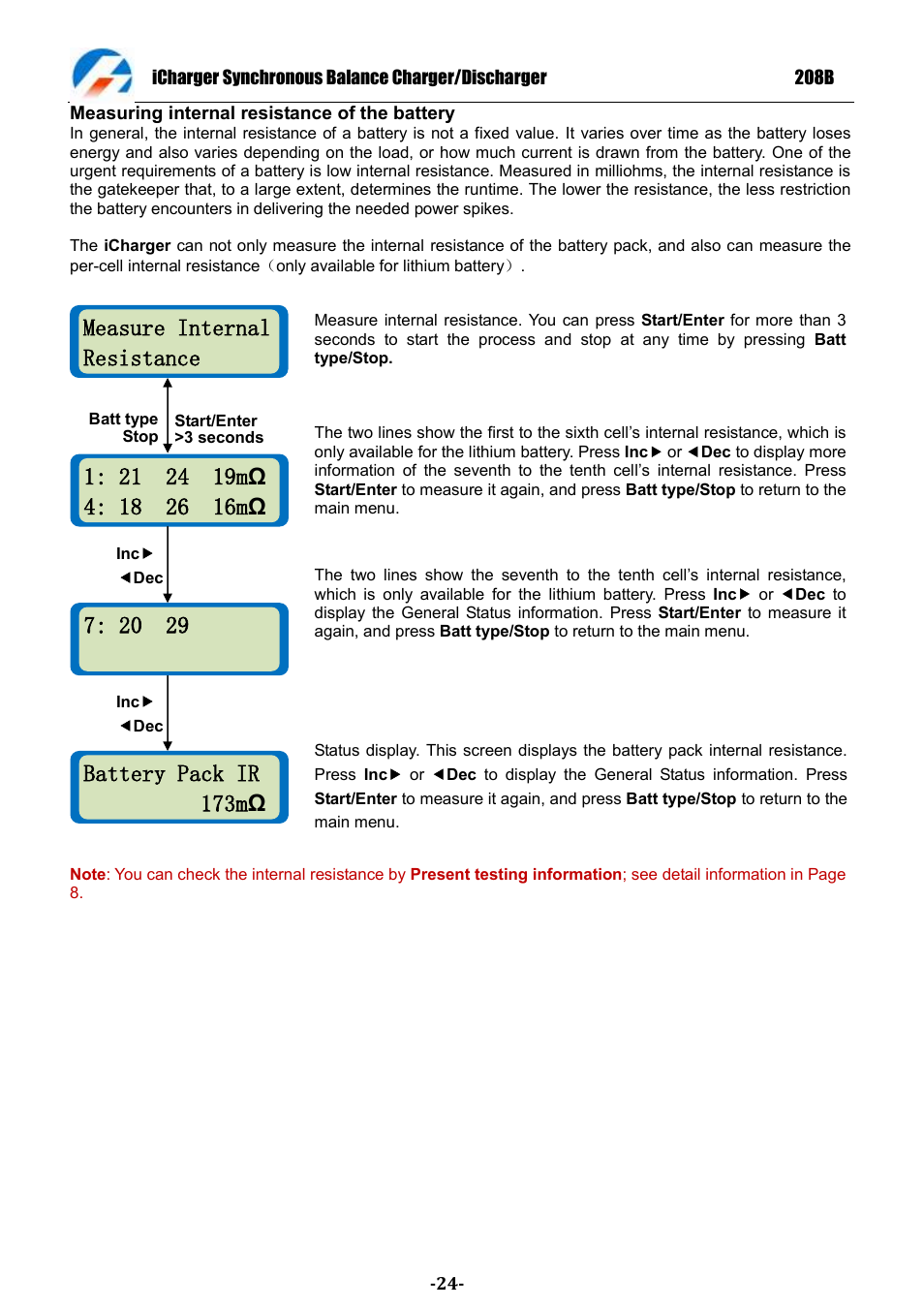 Measure internal resistance, Battery pack ir 173m ω | ProgressiveRC 208B iCharger User Manual | Page 24 / 33