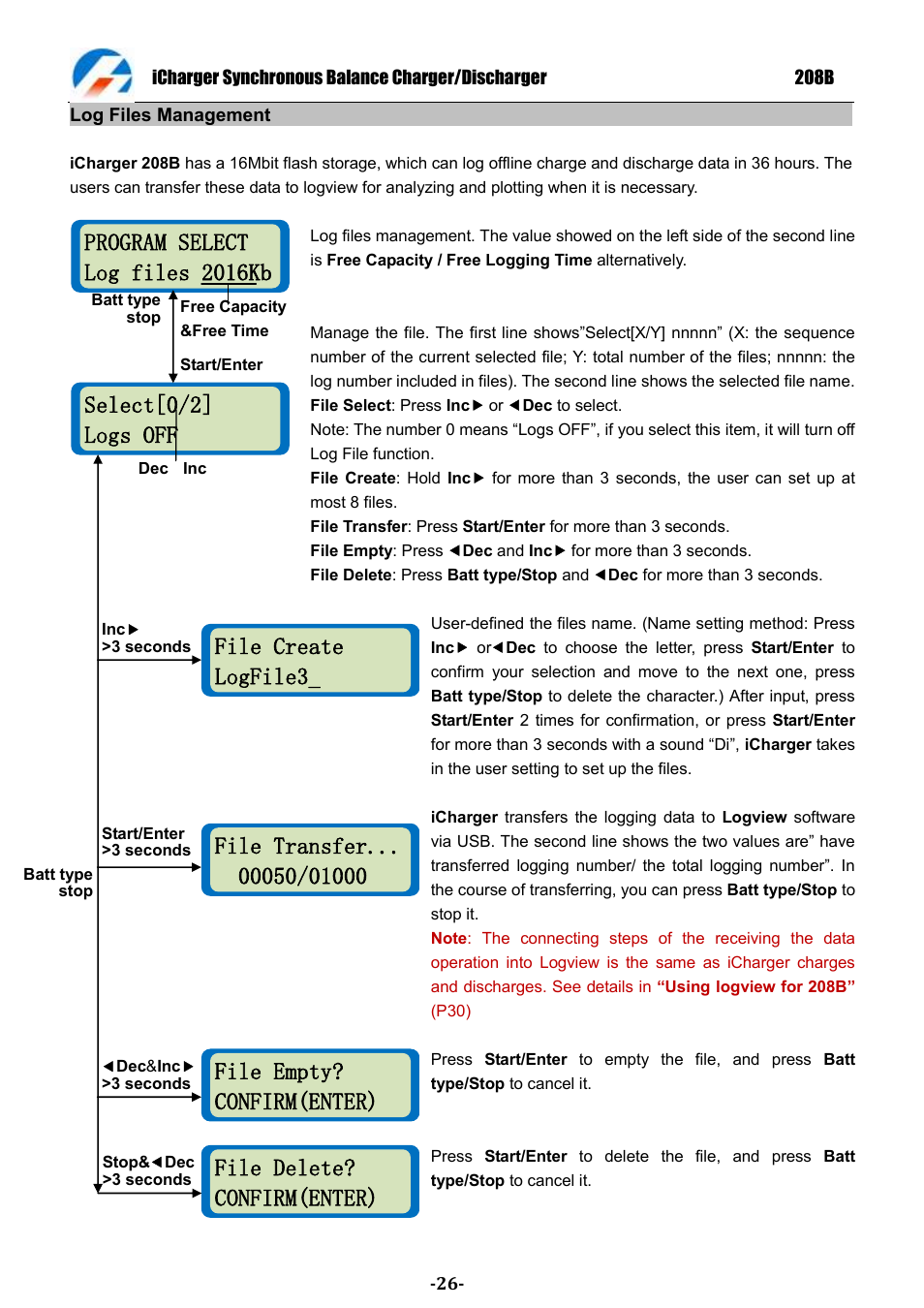 Select[0/2] logs off, Program select log files 2016kb, File create logfile3 | File empty? confirm(enter), File delete? confirm(enter) | ProgressiveRC 208B iCharger User Manual | Page 26 / 33
