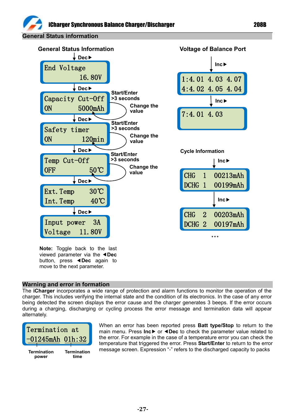 End voltage 16.80v, Ext.temp 30℃ int.temp 40, Capacity cut-off on 5000mah | Safety timer on 120min, Temp cut-off off 50 | ProgressiveRC 208B iCharger User Manual | Page 27 / 33