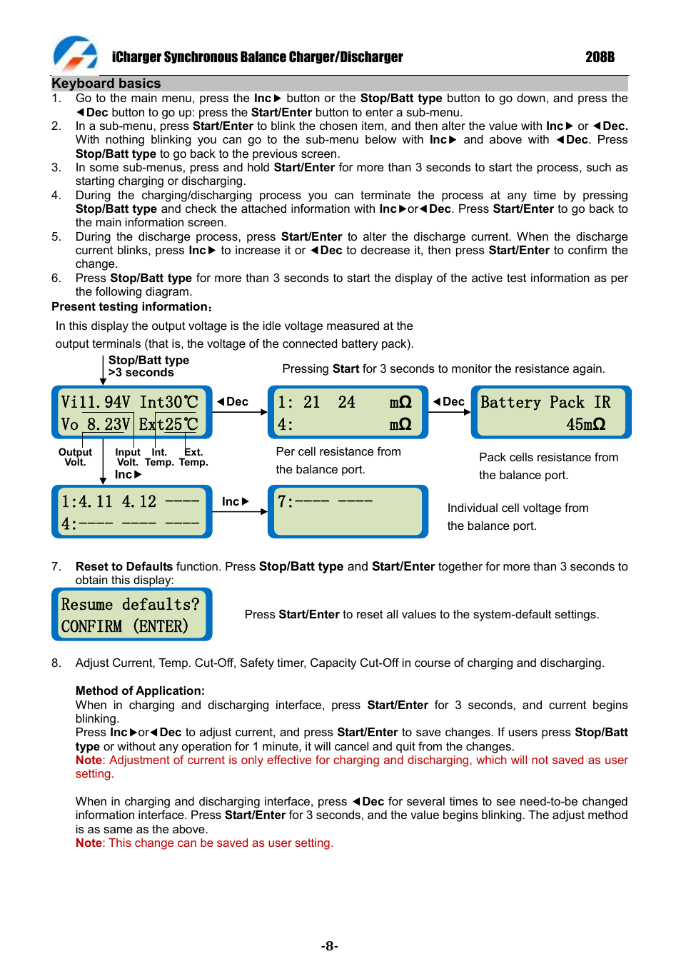 Resume defaults? confirm (enter), Battery pack ir 45m ω | ProgressiveRC 208B iCharger User Manual | Page 8 / 33