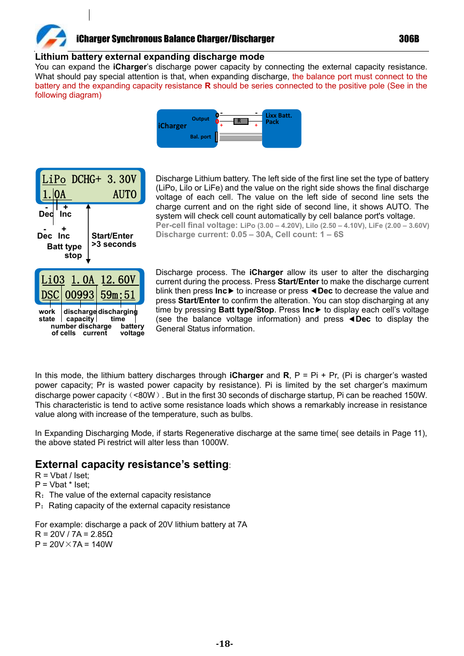 External capacity resistance‟s setting | ProgressiveRC 306B iCharger User Manual | Page 18 / 32