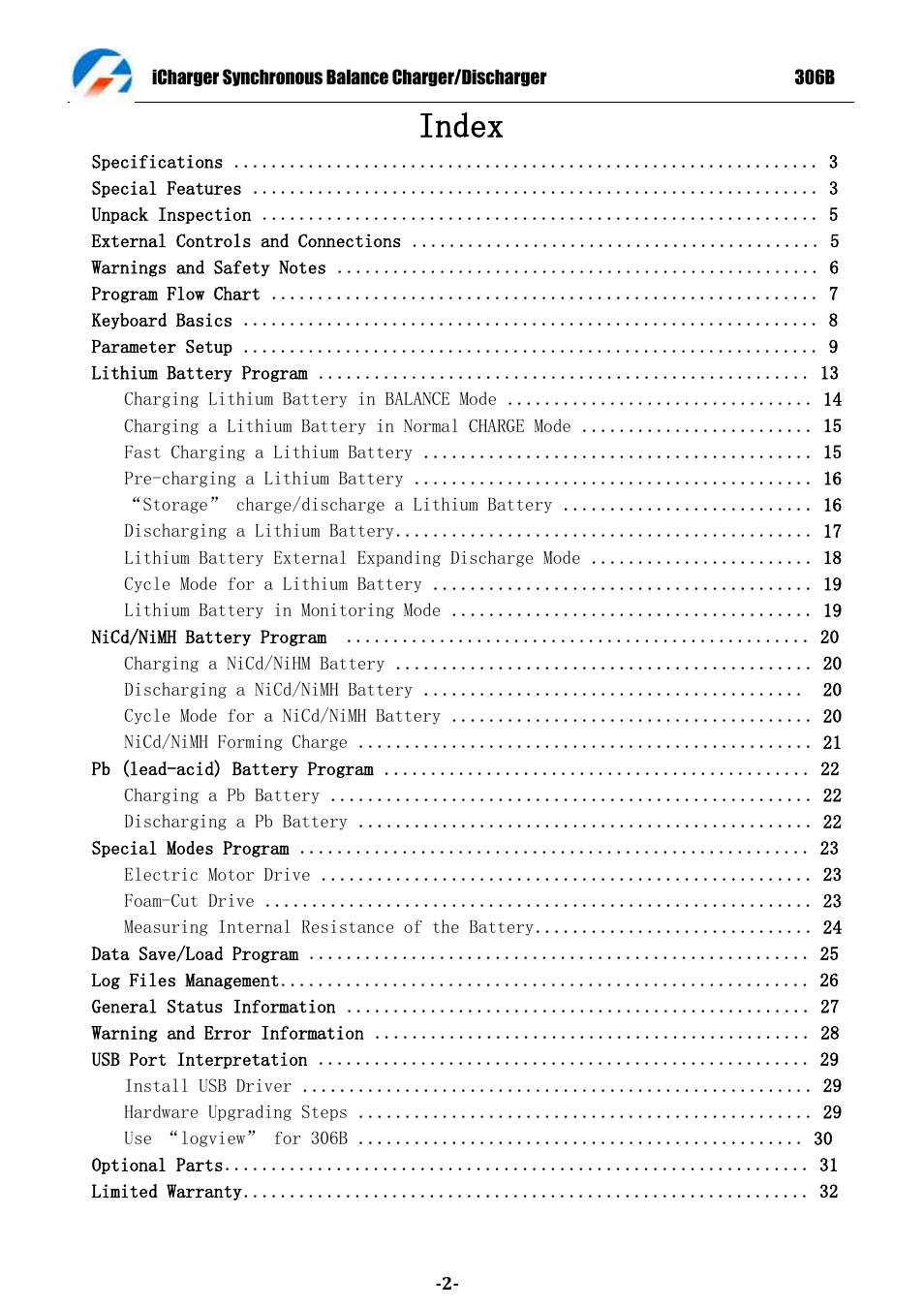 Index | ProgressiveRC 306B iCharger User Manual | Page 2 / 32