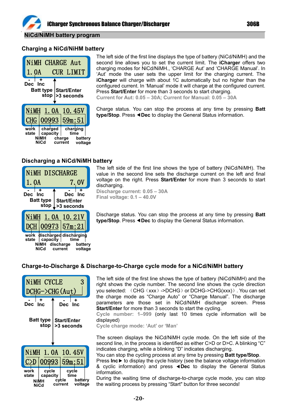 Nimh discharge 1.0a 7.0v, Nimh charge aut 1.0a cur limit, Nimh cycle 3 dchg->chg(aut) 4 | ProgressiveRC 306B iCharger User Manual | Page 20 / 32